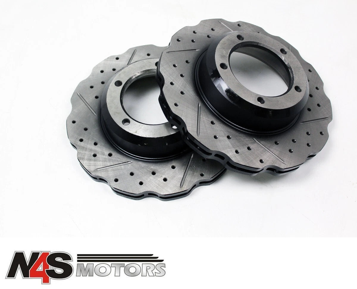 LAND ROVER DEFENDER FRONT BRAKE DISC WAVY DRILLED AND GROOVED. 2x LR017952WCDG